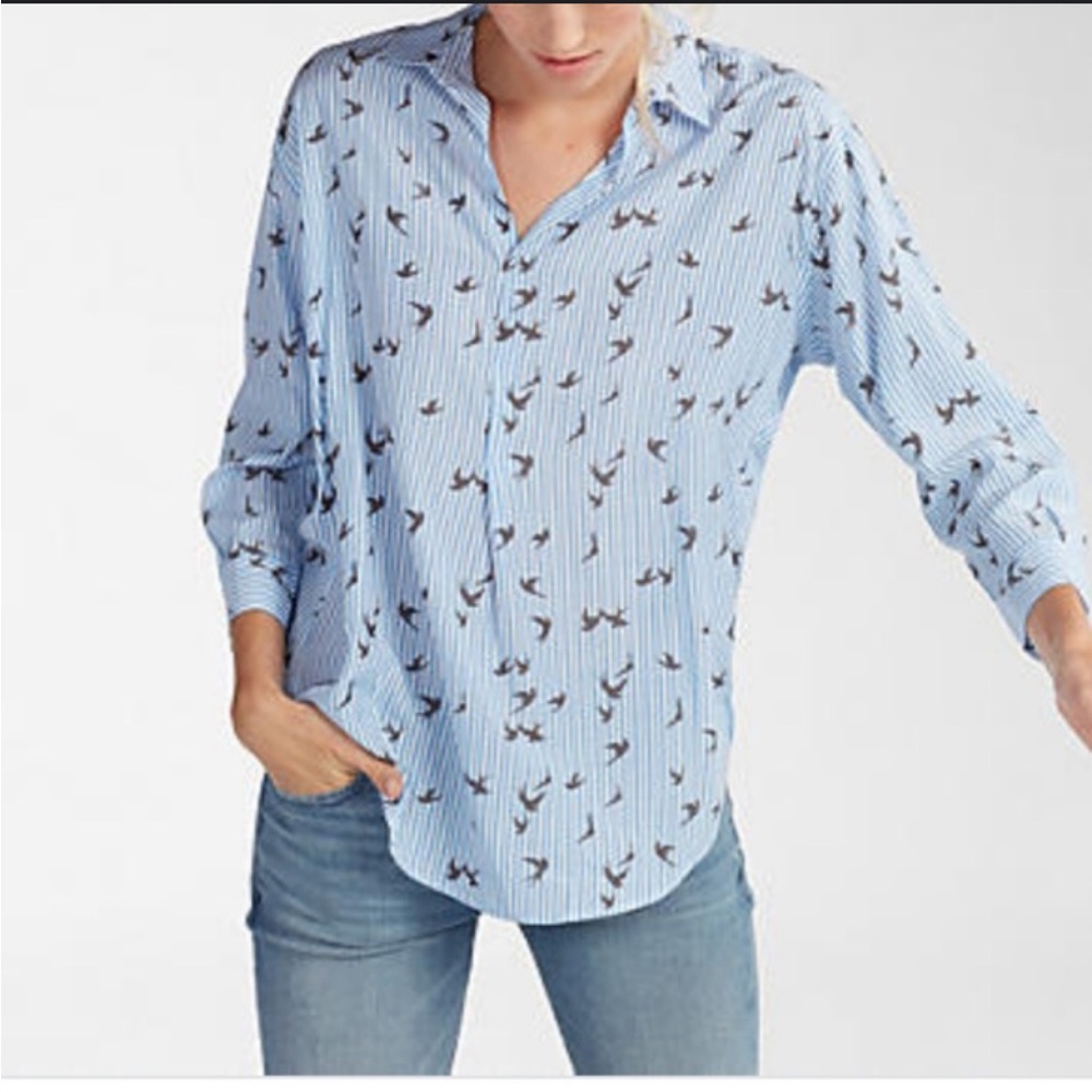 Express Blue and White Striped Bird Print Button Down Shirt Blouse